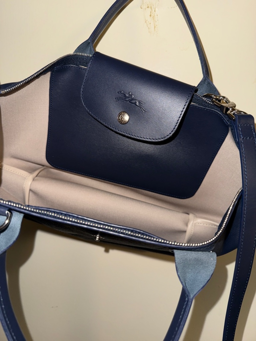Longchamp Le Pliage City Tote Navy Blue Coated Canvas with Tan Zip Pull - Picture 3 of 5